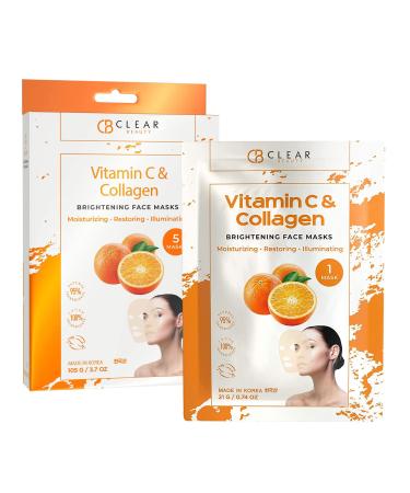 Clear Beauty (Formerly Clair Vitamin C and Collagen Sheet Face Mask - Diminishes Fine Lines & Wrinkles Lifts & Hydrates Skin Brightening Sheet Mask - Cruelty Free Korean Skincare For All Skin Types