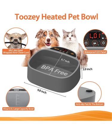 Toozey Heated Dog Bowl - Adjustable Temperature Water Bowl with Timer - Outdoor Pet Bowl with Chew Resistant Cord - 85OZ Winter Dish for Cats, Dogs, Chickens, Squirrels - Grey - Buy Online on GoSupps.com