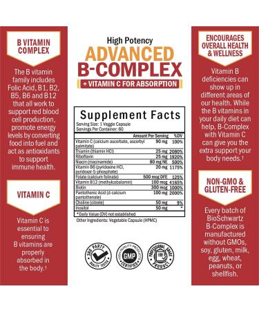 Vitamin B Complex with Vitamin C for Maximum Absorption - Methylcobalamin B12, Folate, Folic Acid Supplement - Immune & Energy Support - Non-GMO - 60ct - Buy Online on GoSupps.com