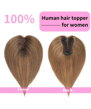 GULALUUK Real Human Hair Topper for Thinning Hair - Ombre Light Brown/Dark Roots (10inch) - 120 Density Swiss Base Clip-in Topper - Buy Online on GoSupps.com