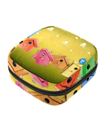 Menstrual Pad Bag with Zipper Ladies Napkin Pouch Tampons Collection Bag for Women and Girls (Bird Houses)
