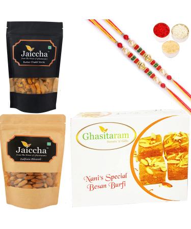 Ghasitaram Gifts Rakhi Gifts for Brothers Rakhi Sweets - Best of 3 Besan Barfi Methi Mathi Pouch and Almonds Pouch with 2 Pearl Beads Rakhis Best of 3 Besan Barfi Methi Mathi Almonds 2 Rakhis