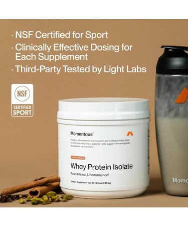 Momentous Essential Grass-Fed Whey Protein Powder - 20 g Whey Isolate Protein - NSF Certified for Sport - Gluten-Free - 12 Servings for Essential Everyday Use - Spiced Chai - Package May Vary - Buy Online on GoSupps.com
