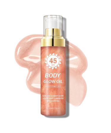 Body Glow Oil SPF 45 Broad Spectrum Body Oil Shimmer Sunscreen with Rose Gold Mica Lightweight Non-Sticky Moisturizing Coconut Absorbs Quickly 3.72 fl oz ROSE 02 ROSE