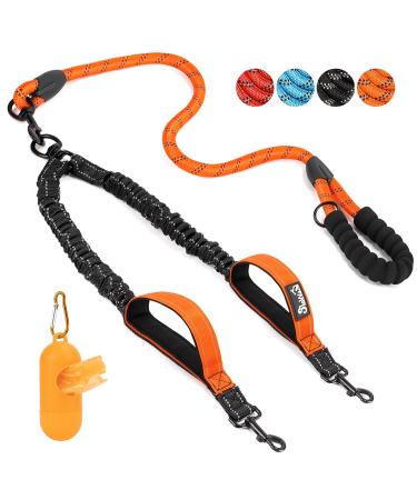 Eyin double linen for 2 dogs dog leash for large dogs flexible and reflective healing -free dog leash with 2 padded handles for dogs from 11 to 68 kg (orange) orange 2 handles - l (total weight 11-68kg)
