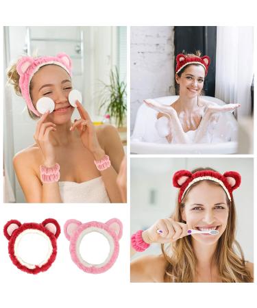 AMCAMI 6 Pcs Spa Headband and Wristband Set | Cute Bear Ears Design | Makeup and Skincare Headbands for Women | Pink Red - Buy Online on GoSupps.com