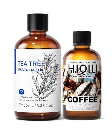 HIQILI 100ML Tea Tree Essential Oil & 30ML Coffee Fragrance Oil for DIY Diffuser