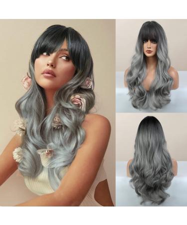 Honybia wig gray with pony - long ombre wigs gray for women dark gray women natural realistic hair synthetic heat -resistant wigs for carnival/costumes/theme party ombre wig gray