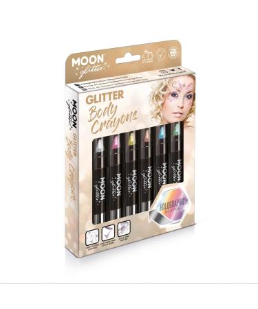 Holographic Glitter Paint Stick / Body Crayon makeup for the Face & Body by Moon Glitter - 0.12oz - Gift Set containing 6 Body Crayons - Silver Pink Gold Rose Gold Blue & Green