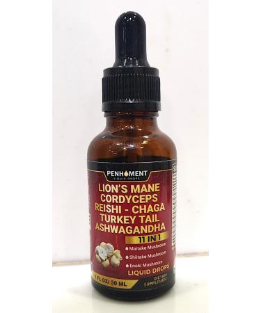 Penhoment 11in1 Mushroom Liquid Drops with Lions Mane Tincture, Ashwagandha, Turkey Tail, Cordyceps, Reishi, Chaga, Shitake, Maitake, Agaricus, Oyster Mushrooms - 1FL Oz - 30 Day Supply