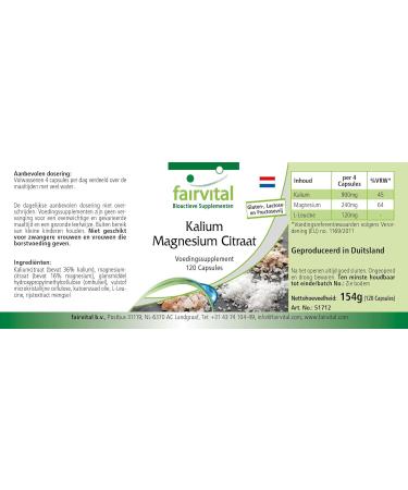 Fairvital | Citrate Potassium Magnesium - Highly dosed - with 900mg of Potassium and 240mg of Magnesium per daily dose - VEGAN - 120 capsules - Buy Online on GoSupps.com