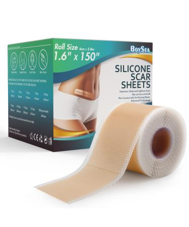 Professional Silicone Scar Sheets (1.6" x 150" Roll-3.8M) - Scars Removal Treatment - Reusable Silicone Scar Tape Strips Type for Keloid, C-Section, Surgery, Burn, Acne et 1.6*150