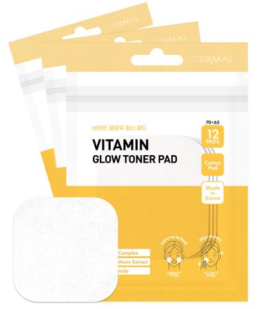 DERMAL Vitamin Toner Pad - Korean Toner Pad for Skin Glow & Vitality Improvement with Vitamin C - Vegan Pure Cotton Square Pads - Travel Kit 12 Pads 3 Pack (Total 36 Pads)