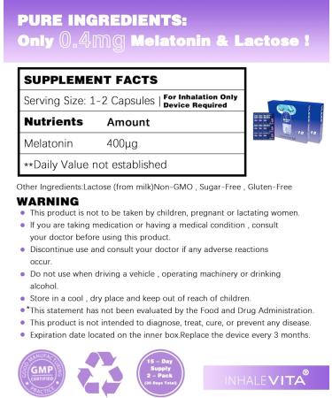 INHALEVITA Melatonin Inhaler Sleep Aid Capsules 30 Count(Device Required)| Fast-Acting with Advanced Absorption| 0.4mg Low Dose, Zero-Sugar| Wake Refreshed, Portable,Non-Habit Forming - Buy Online on GoSupps.com