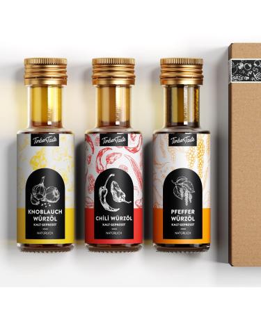 Timber Taste oil gift set for men rustic - 3 exquisite food oils 3x100ml - Premium oil set gift set for him - unusual spice oil set as a gift for birthday rustic gift set