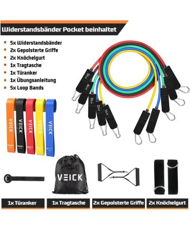 Veick Resistance Bands Set - 5 Fitness Bands for Strength Training Pilates & Physiotherapy (4.5-68 kg) with Carry Bag - International Shipping Available - Buy Online on GoSupps.com