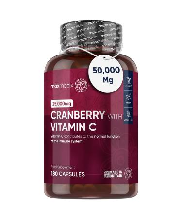Cranberry Capsules High Strength 50000mg per 2 Capsules - 180 Vegan Capsules with Vitamin C - Alternative to Cranberry Tablets - Concentrated Cranberry Supplements for Women & Men - Made in The UK