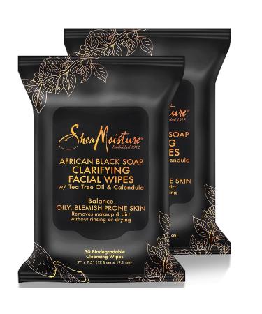 Shea Moisture Makeup Remover Face Wipes African Black Soap With Tea Tree Oil & Calendula Removes Makeup & Dirt to Clarify Oily Blemish Prone Skin Pack of 2 30 Wipes Per Pack