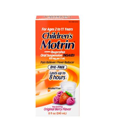 Motrin Children's Oral Suspension 100mg Ibuprofen Medicine NSAID Fever Reducer & Pain Reliever for Minor Aches & Pains Due to Cold & Flu Dye Free Alcohol-Free Berry Flavored 8 fl. oz 8 Fl Oz (Pack of 1)