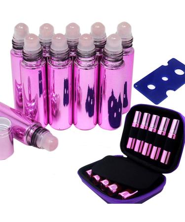 10pcs Pink 10ml Empty Refillable Bottles with Crystal Semiprecious Stones Essential Oil Gemstone Roller Ball Bottles with Free Bag W3901 (Rose Quartz)