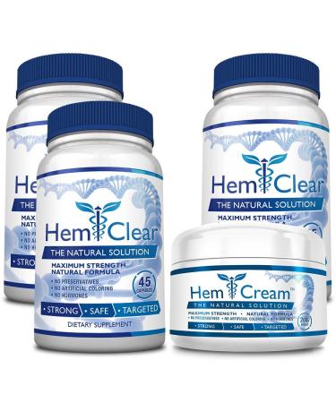 HemClear for Hemorrhoids - Vegan 100% Natural Formula for Hemorrhoid Relief & Vascular Health - Maximum Strength 3 Bottles + 1 Cream