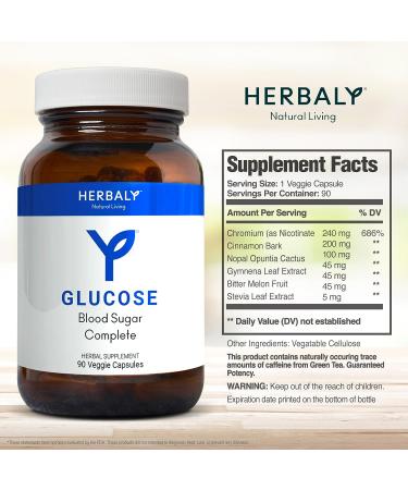 Herbaly Glucose Blood Sugar Complete Capsules - Natural Wellness Blend - Cinnamon Chromium Gymnema Sylvestre Fenugreek - Balance & Energy - 90 Veggie Caps - Buy Online on GoSupps.com