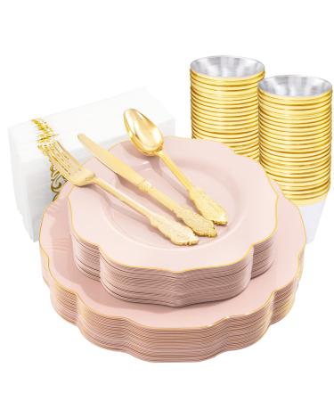 NOCCUR 175PCS Pink Plastic Plates with Gold Disposable Silverware-Include 50 Plates 25Knives 25Forks 25Spoons 25Cups and 25Napkins-Ideal for Wedding, Party, Shower&Mothers Day