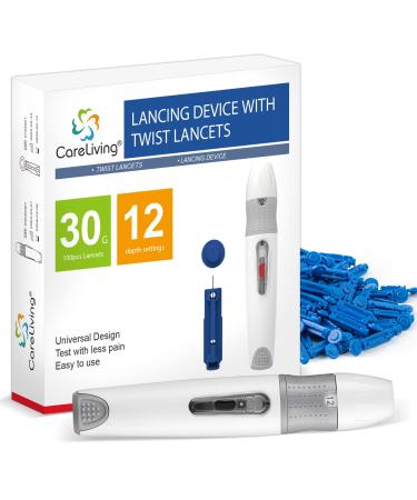 CareLiving Lancing Device and 100 Lancets for Diabetes Testing  Single Use  30 Gauge Lancets  for Minimizing Pain and Discomfort
