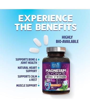 Magnesium Glycinate 250mg - 100% Chelated Magnesium for Max Absorption - Sleep Support Muscle Nerves Bone & Heart Health Support Best Mag Supplement Vegan Non-GMO 3rd Party Tested - 180 Tablets 180 Count (Pack of 1) - Buy Online on GoSupps.com