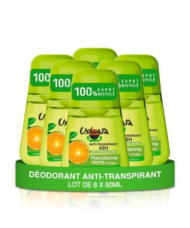Ushuaia Ushua a Roll-On Deodorant Anti-Perspirant 48 Hours Anti-White Marks Orange Green from Italy Pack of 6 x 50 ml