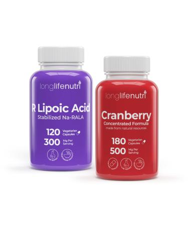 LongLifeNutri R-Alpha Lipoic Acid 300 mg + Cranberry Extract 500 mg Bundle - 120 + 180 Vegetarian Capsules Cellular Energy & Metabolic Function Urinary Tract Health 4-6 Month Supply Made in USA
