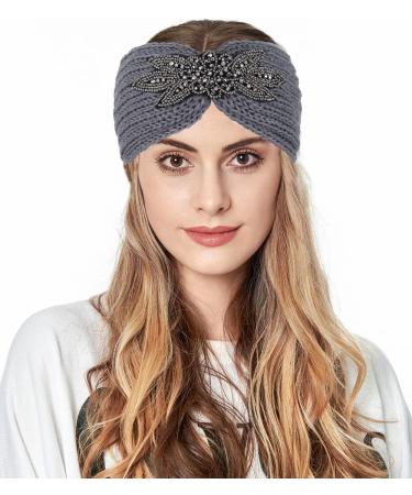 Fashband Winter Knit Headbands Twist Rhinestones Headband Elastic Ear Warmer Thick Head Wraps for Women and Girls Grey - Buy Online on GoSupps.com