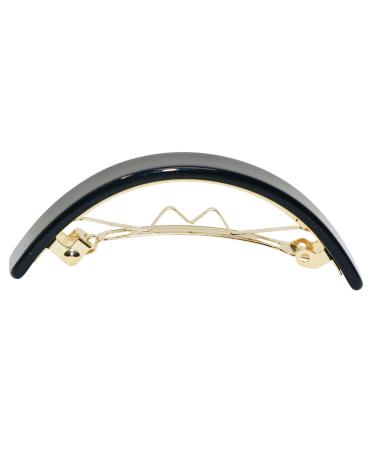 French Amie Curved Black Small 2.5 Celluloid Acetate Handmade Automatic Hair Clip Barrette with Golden Clasp