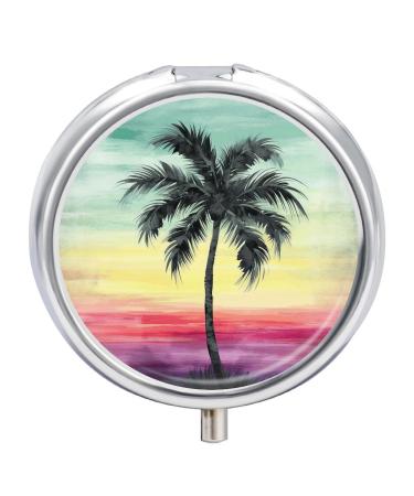 Pill Box Pill Case 3 Compartment Travel Pill Box Tropical Palm Tree Printing Small Pill Box Portable Medicine Pill Case Pill Organizer for Purse & Pocket for Travel Handbag (Round)