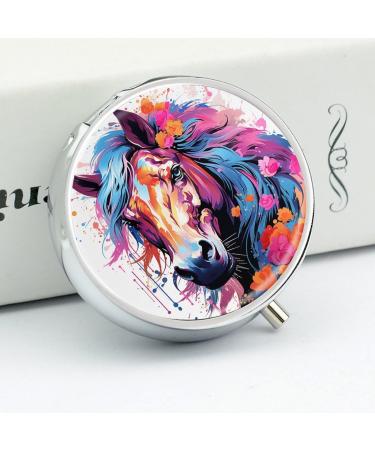 Small Travel Pill Case Round Metal Pill Box for Pocket Purse 3 Compartment Portable Pill Holder Mini Pill Organizer for Travel or Daily - Horse - Buy Online on GoSupps.com