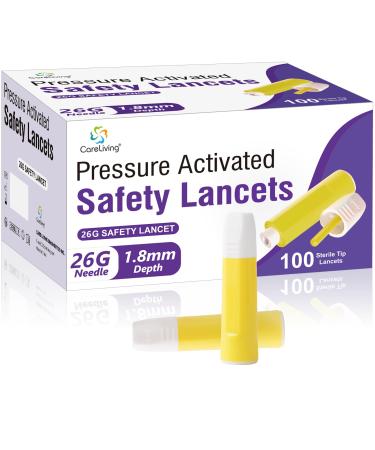 Safety Lancets 100 Count Sterile Pressure Activated Activation 26 Gauge Needle 1.8 mm Single-Use Gentle for Comfortable Testing