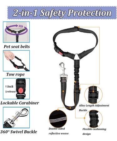 Adjustable Car Dog Seat Belt with Elastic Bungee - Reflective Stripe, Safety Restraint for Travel, Connects to Dog Harness - Buy Online on GoSupps.com