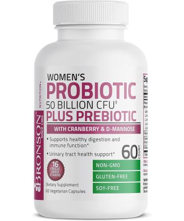 Bronson Women's Probiotic 50 Billion CFU + Prebiotic with Cranberry & D-Mannose - Vaginal Health, Digestive Support, Immune Function - 60 Vegetarian Capsules - Buy Online on GoSupps.com