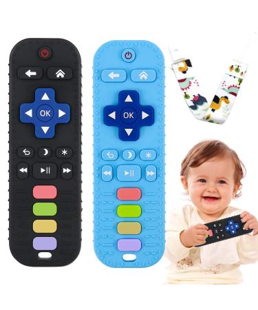 2 Pack Remote Teether for Baby Silicone Teething Toys for Babies 6-12 Months Remote Control Shape Baby Teethers -Toddlers Boys Girls Baby Chew Toys Gift (Gray+Pink) Black+Blue