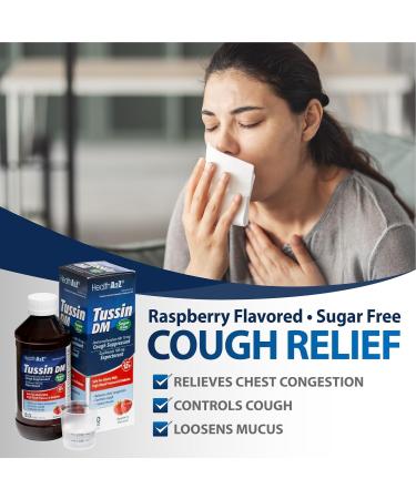 HealthA2Z Tussin DM Sugar Free | Dextromethorphan HBr 20mg Guaifenesin 200mg | Cough Suppressant & Expectorant | for Adults with High Blood Pressure & Diabetes | 8 FL Oz Raspberry Flavor - Buy Online on GoSupps.com