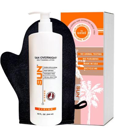 Sun Laboratories Self-Tanning Tan Overnight Sunless Tanning Lotion and Mitt for a Golden Glow - Medium - 32 fl oz Bottle + Mitt 32 Fl Oz (Pack of 1) Medium