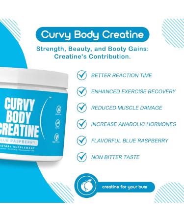 Curvy Body Creatine Monohydrate Powder - Vegan Kosher Blue Raspberry Flavor | 180g | Workout Support (30 Servings - Buy Online on GoSupps.com