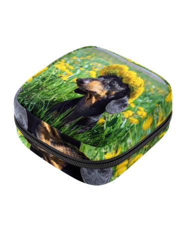 Dachshund with dandelion wreaths women's napkin storage bag portable period bag for women teenagers girls menstrual cup breastfeeding deposits