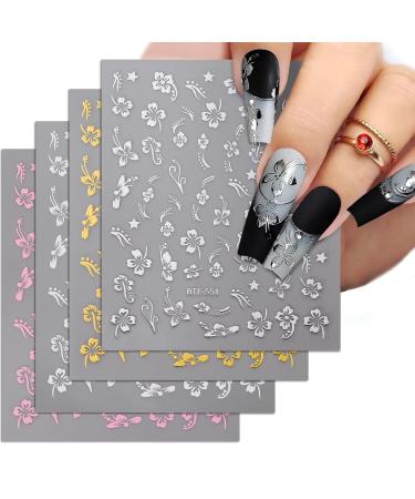 4 Sheets Flowers Nail Stickers Spring Summer 4 Colours Nail Art Decals Self-Adhesive Nail Art Sticker Manicure Tips DIY Nail Art Nail Decorations for Women Girls