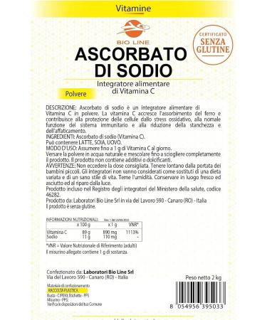  Laboratori Bio Line Sodium Ascorbate 2 kg Vitamin C powder with antioxidant action pure substance without excipients (1 envelope of 2 kg) Bioline Laboratories - Italian quality - Buy Online on GoSupps.com