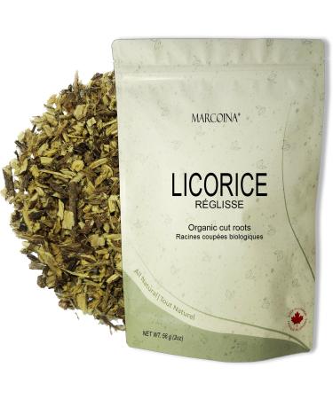 Organic Licorice Roots Herbal Loose Tea by Marcoina - Cut Roots 56g in Resealable Bag Caffeine-Free Tea from Egypt - Known as Liquorice Licquorice Glycyrrhiza Glabra Gan Cao Yashtimadhu Mulethi - 2oz. LICORICE Root Cut ORGANIC 56-g. / 2-oz.