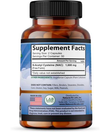 N-Acetyl-L-Cysteine (NAC) 1600 mg - Immune Support & Antioxidants 100 Veggie Capsules - Free Form International Shipping Available - Buy Online on GoSupps.com