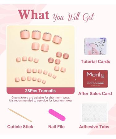 Morily Short Pink Fake Toe Nails with Rhinestones Glitter Design - 28Pcs Acrylic Toenail Kit for Women - Buy Online on GoSupps.com