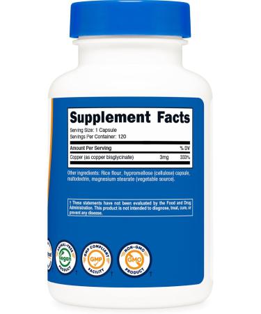 Nutricost Copper Glycinate Capsules (120 Capsules 3MG Copper per Serving) - Non GMO Vegan - Buy Online on GoSupps.com