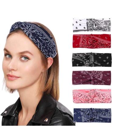 Bohend Boho headband wide elastic boho bandeau criss cross hair band sport yoga daily use hair-mass for women and girls (6 pieces)
